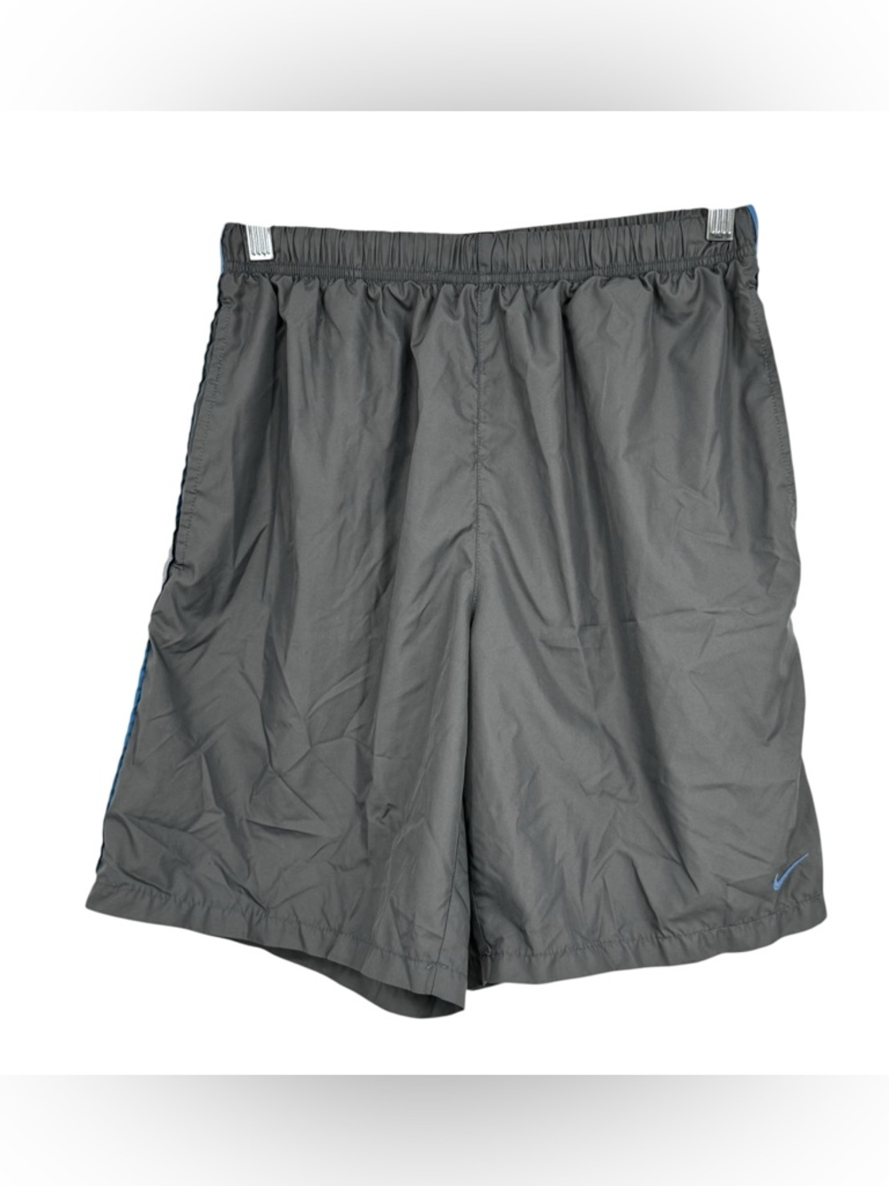 Nike Med Gray Shorts Blue Embroidered Swoosh Light Gray/Blue Side Stripes